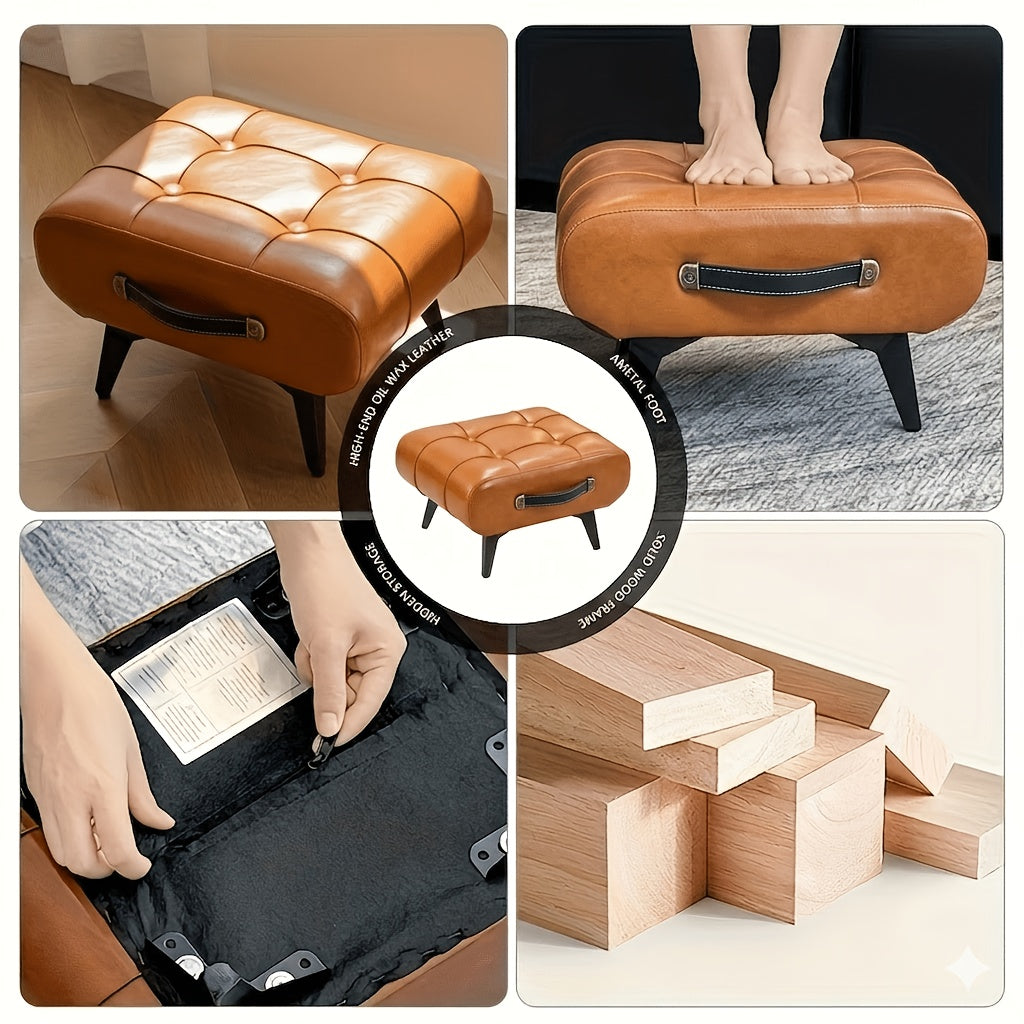 1pc Stylish & Versatile High Quality Oil Wax Leather Low Stools, Footstools, Leather Padded Footstools - for Sofa End, Shoe Changing Stools for Living Rooms, Corridors, Foyers, Entrance, Bedroom, Home Decor Furniture, Furniture for Home